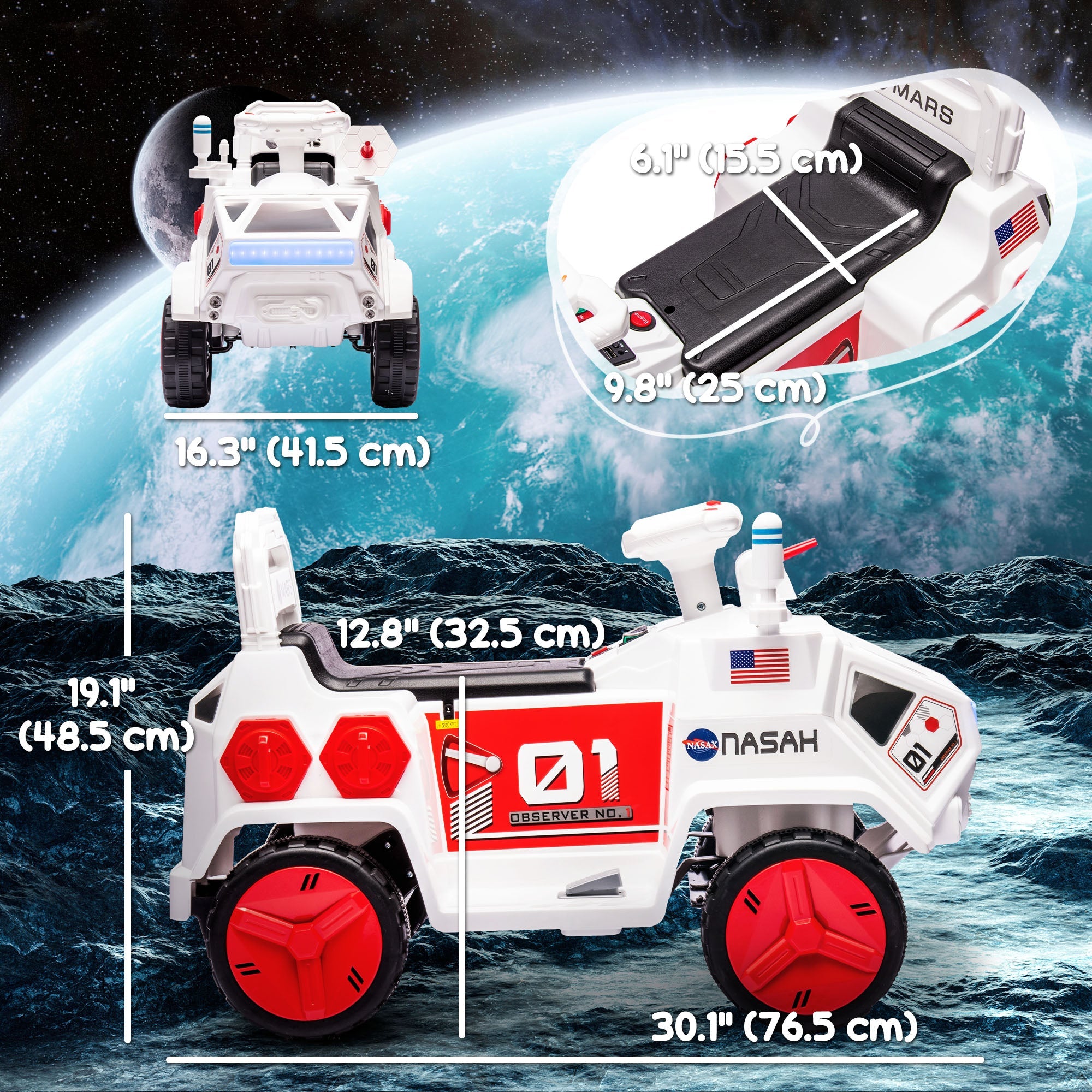 Qaba 6V Mars Rover Ride On Car for Kids Sounds Lights MP3 Player Electric Toy Vehicle Riding Experience Ages 3-5 White 