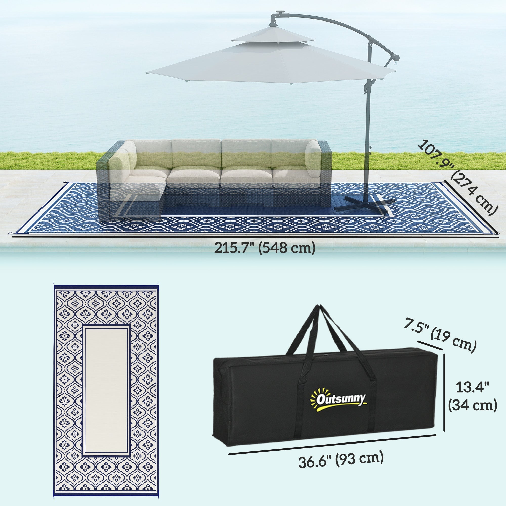 Outsunny 9' x 18' Outdoor RV Rug, Reversible Patio Floor Mat with Carry Bag, Gourd Border, Blue and White 