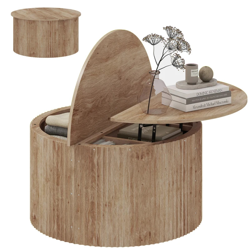 32" Round Lift-Top Coffee Table with Hidden Storage & Fluted Design – Natural Wood