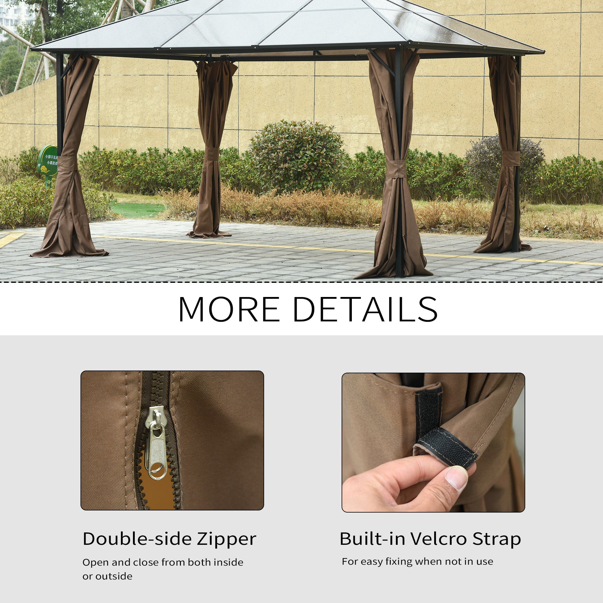Outsunny Gazebo Curtain 10'x12' Sidewall Set 4 Panels with Hooks Brown for Outdoor Shelter 