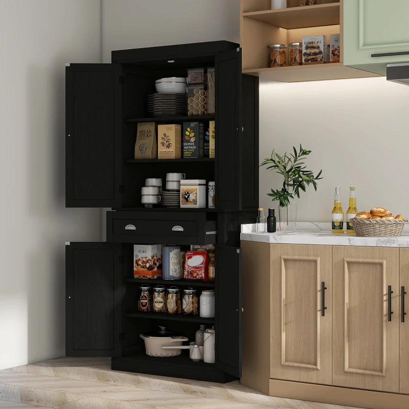 72" Tall Pantry Cabinet, Kitchen Storage Cabinet with 4 Doors, Drawer and 2 Adjustable Shelves, Black Wood Grain