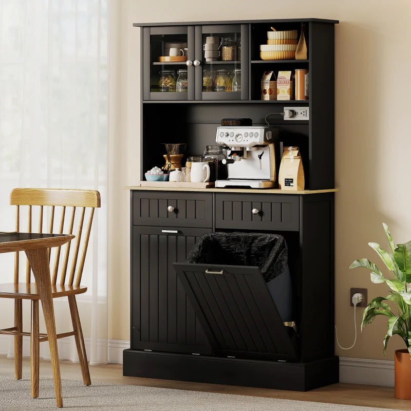 Kitchen Cabinet with Charging Station, 2 Tilt Out Cabinets, Microwave Stand, Freestanding Kitchen Pantry Cabinet, Black