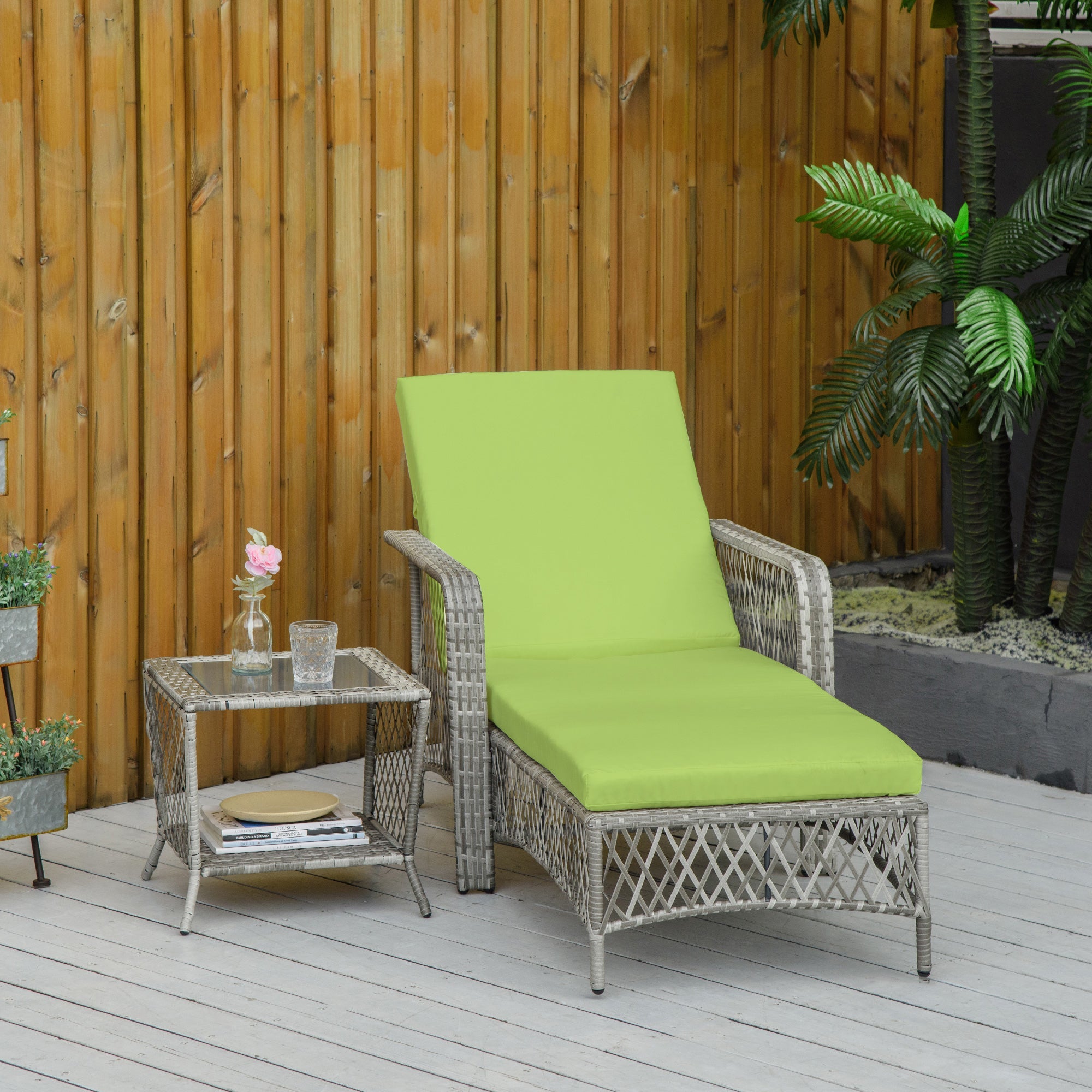 Outsunny Rattan Sun Lounger Set 2PC Deluxe Outdoor Recliner PE Wicker Patio Garden Chaise Green 