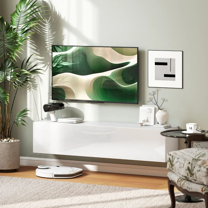 Floating TV Stand with Storage Cupboards for 45, 55, 65in TVs, Wall Mounted TV Console Entertainment Unit, White
