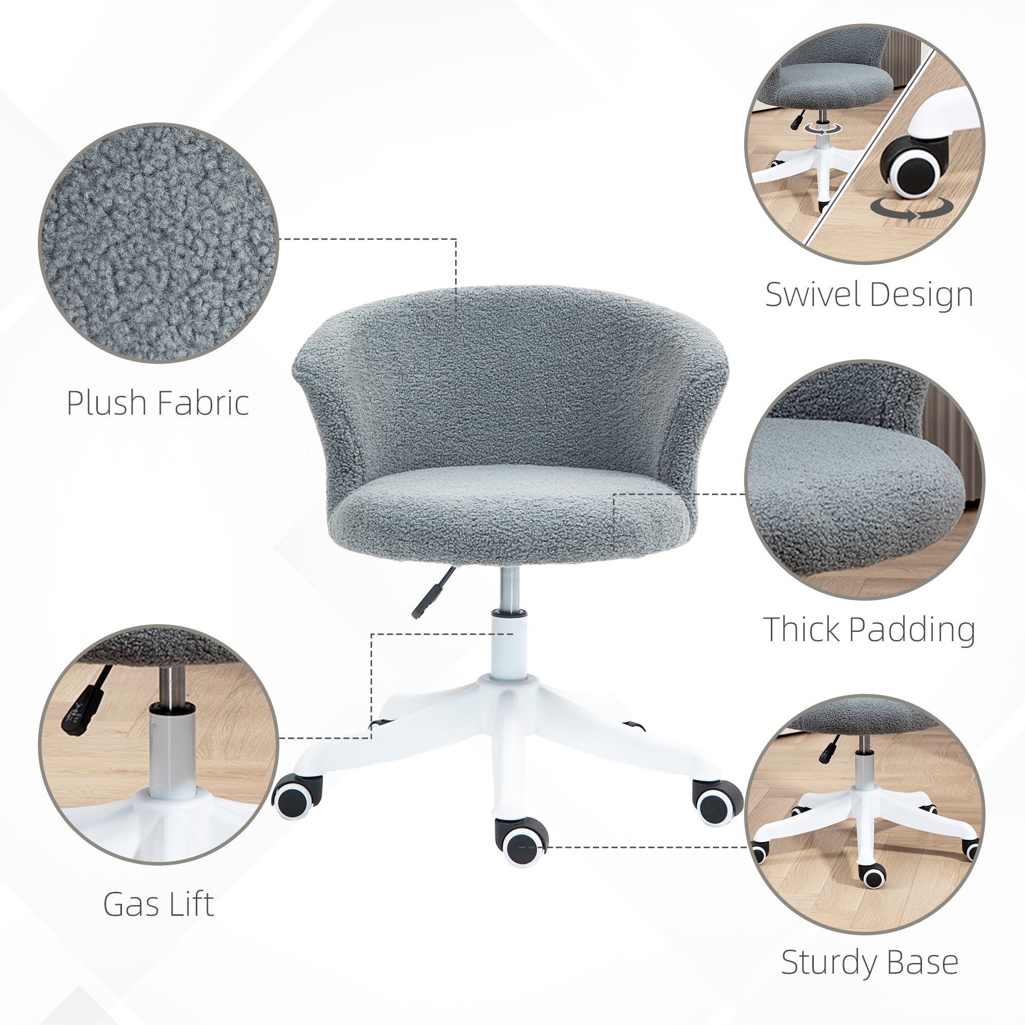 Vinsetto Armless Office Chair, Fluffy Computer Desk Chair with Adjustable Height, Swivel Wheels, Mid Back, Grey 