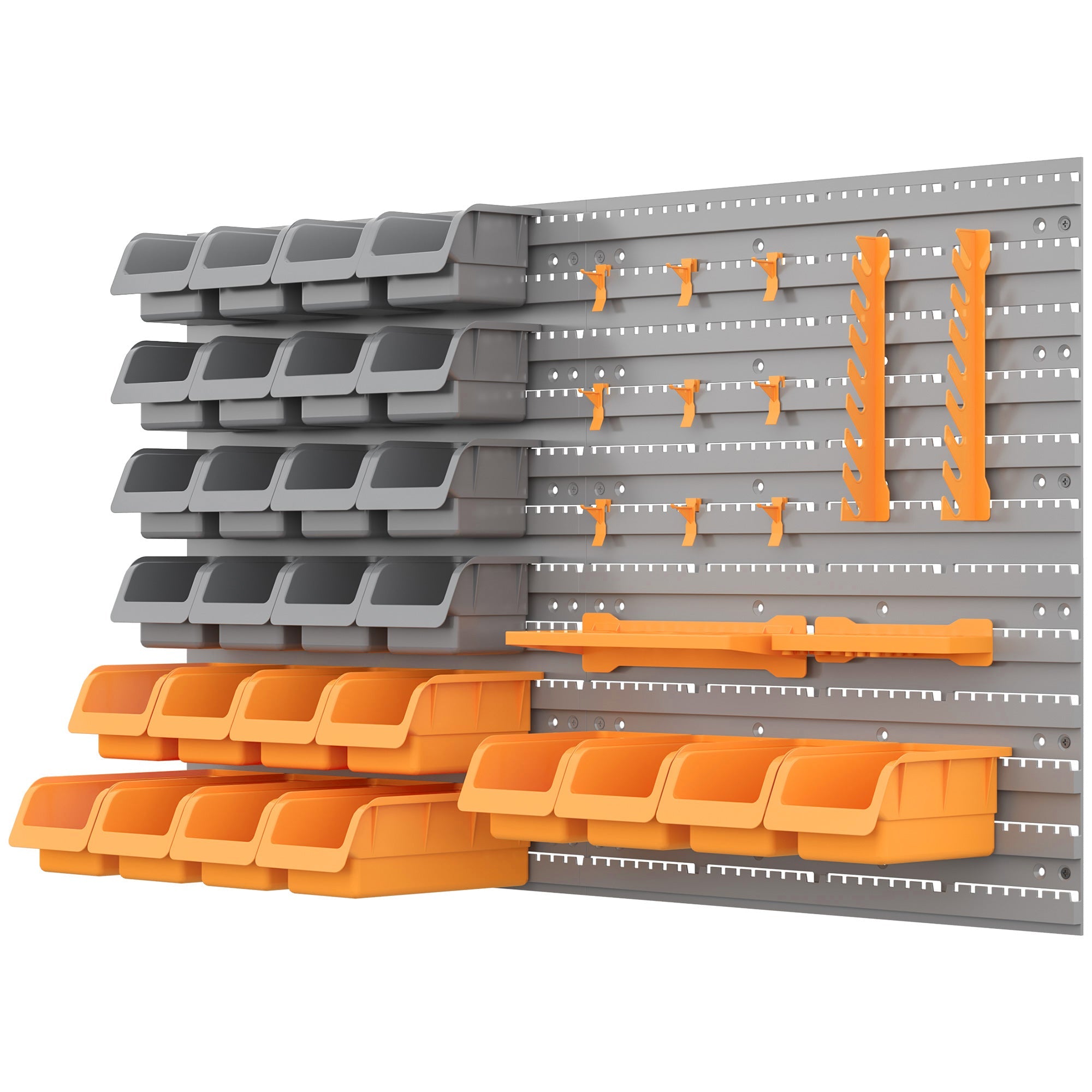DURHAND Wall-Mounted Organization Marvel: 44PC Storage Rack with Bins, Pegboard Hooks, Organizer for Garage, Orange Finish 