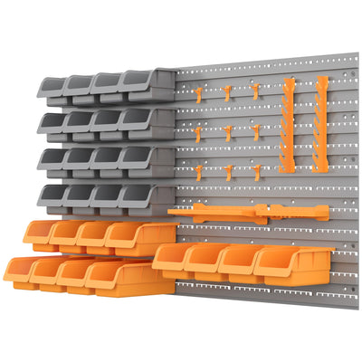 DURHAND Wall-Mounted Organization Marvel: 44PC Storage Rack with Bins, Pegboard Hooks, Organizer for Garage, Orange Finish 