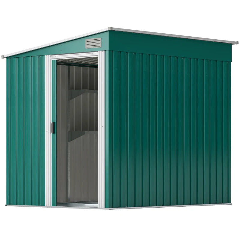 5'x7' Lean to Galvanized Metal Shed with Foundation, Garden Tool Storage House with Sliding Door and 2 Vents, Green