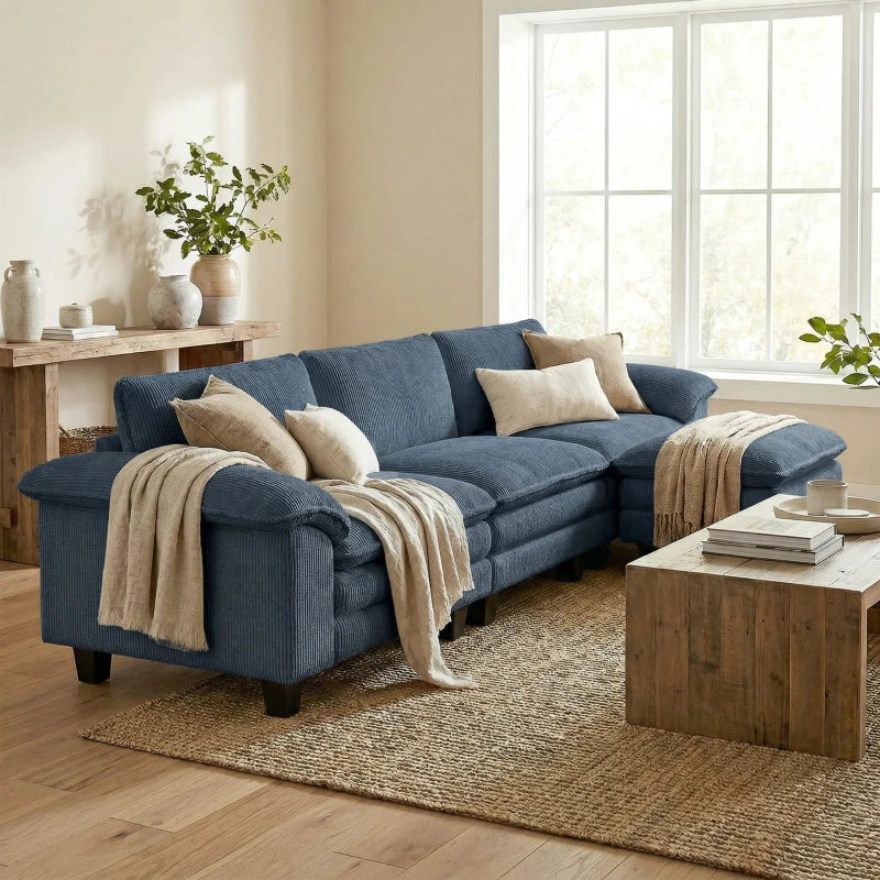 HOMCOM L-Shaped Sectional Sofa with Deep Seats, Movable Ottoman & Pillow-Top Armrests, Contemporary Corduroy Couch – Blue