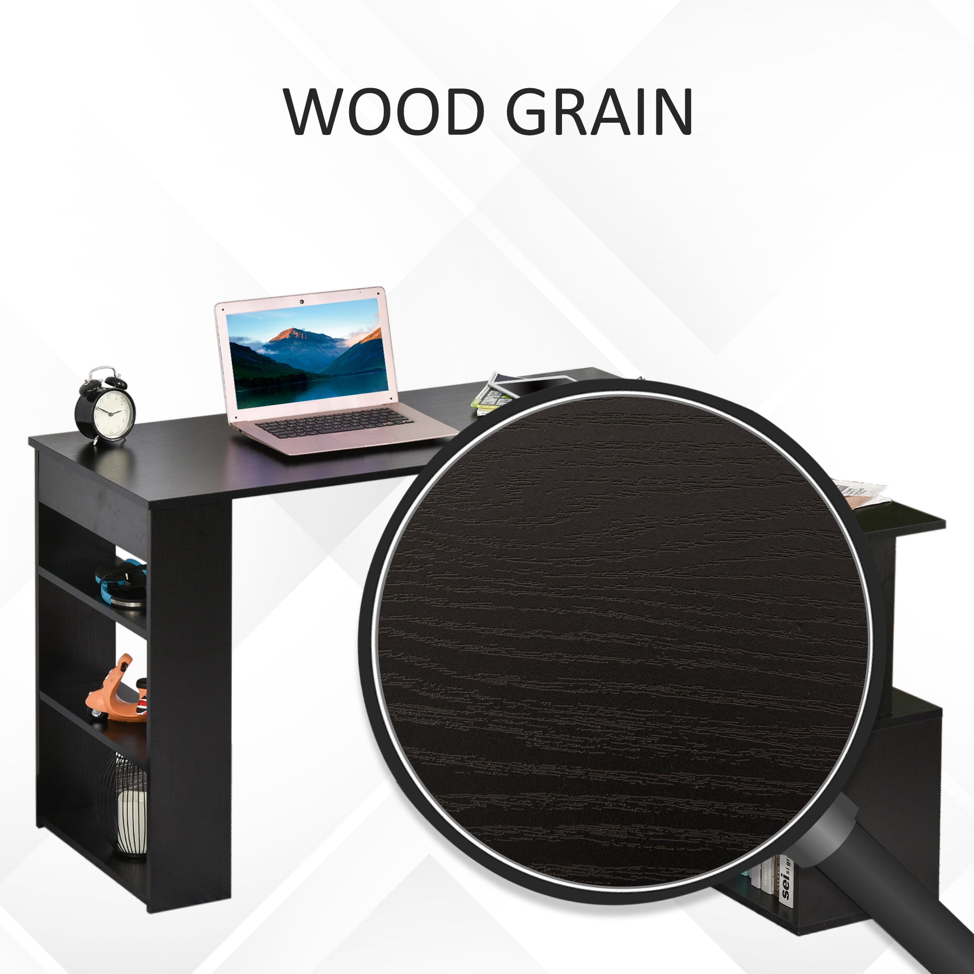 HOMCOM Rotating L-Shaped Desk Corner Computer Workstation with Storage Shelf Home Office Writing Table Black 