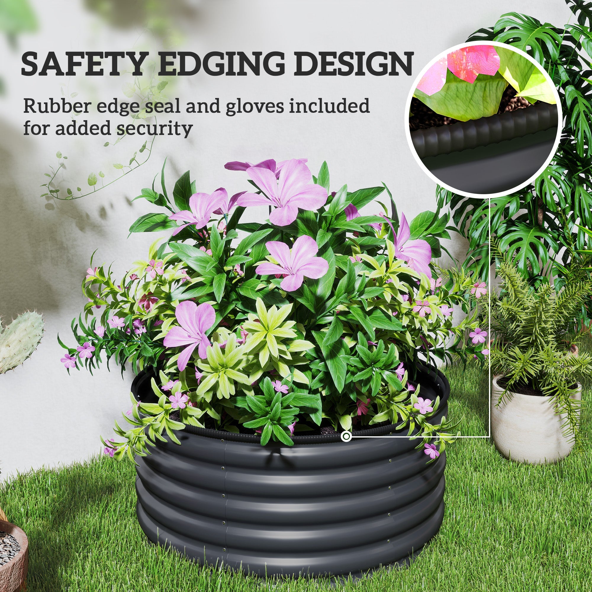 Outsunny Galvanized Raised Flower Bed, 3 x 3 x 1.5 ft Outdoor Metal Raised Bed with Safety Edging and Gloves, Dark Grey 