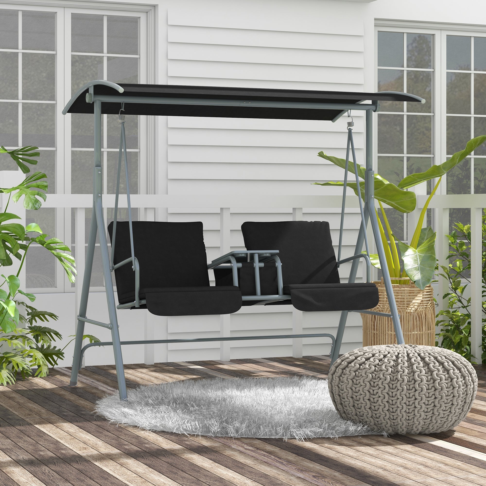 Outsunny 2-Seater Outdoor Porch Swing with Adjustable Canopy and Table, Patio Swing Chair for Garden, Poolside, Backyard, Black 