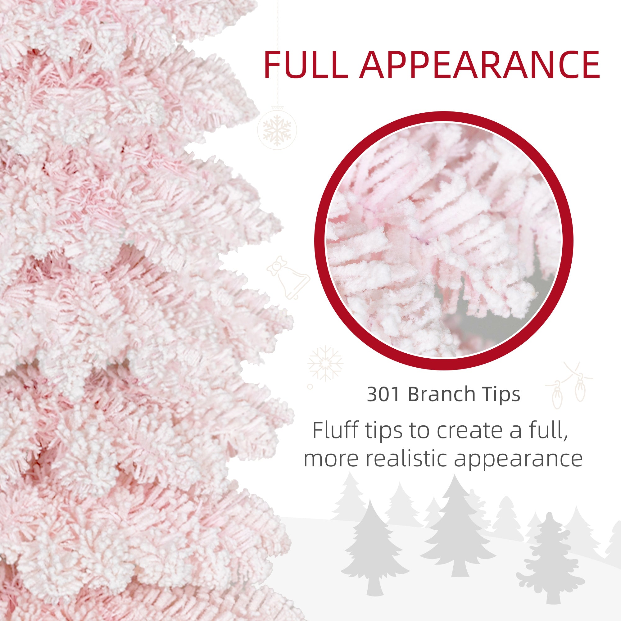 HOMCOM 5ft Snow-Flocked Artificial Christmas Tree, Slim Pencil Xmas Tree with 301 Realistic Branches, Metal Base, Pink 