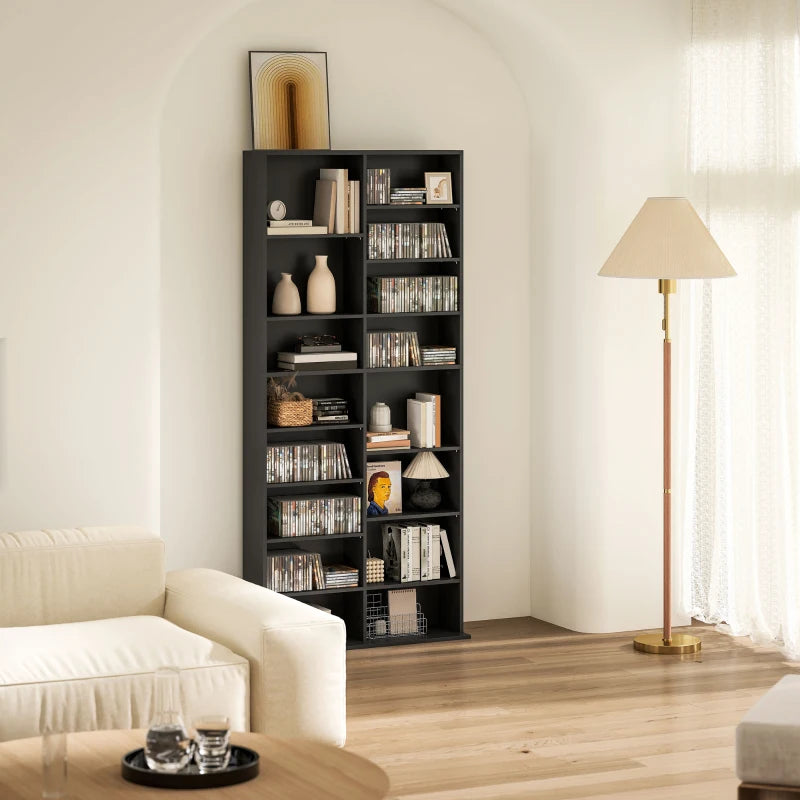 9-Tier DVD Shelf with 18 Compartments and 14 Adjustable Shelves, Holds 640 CDs, 360 DVDs or 430 Blu-rays, Black