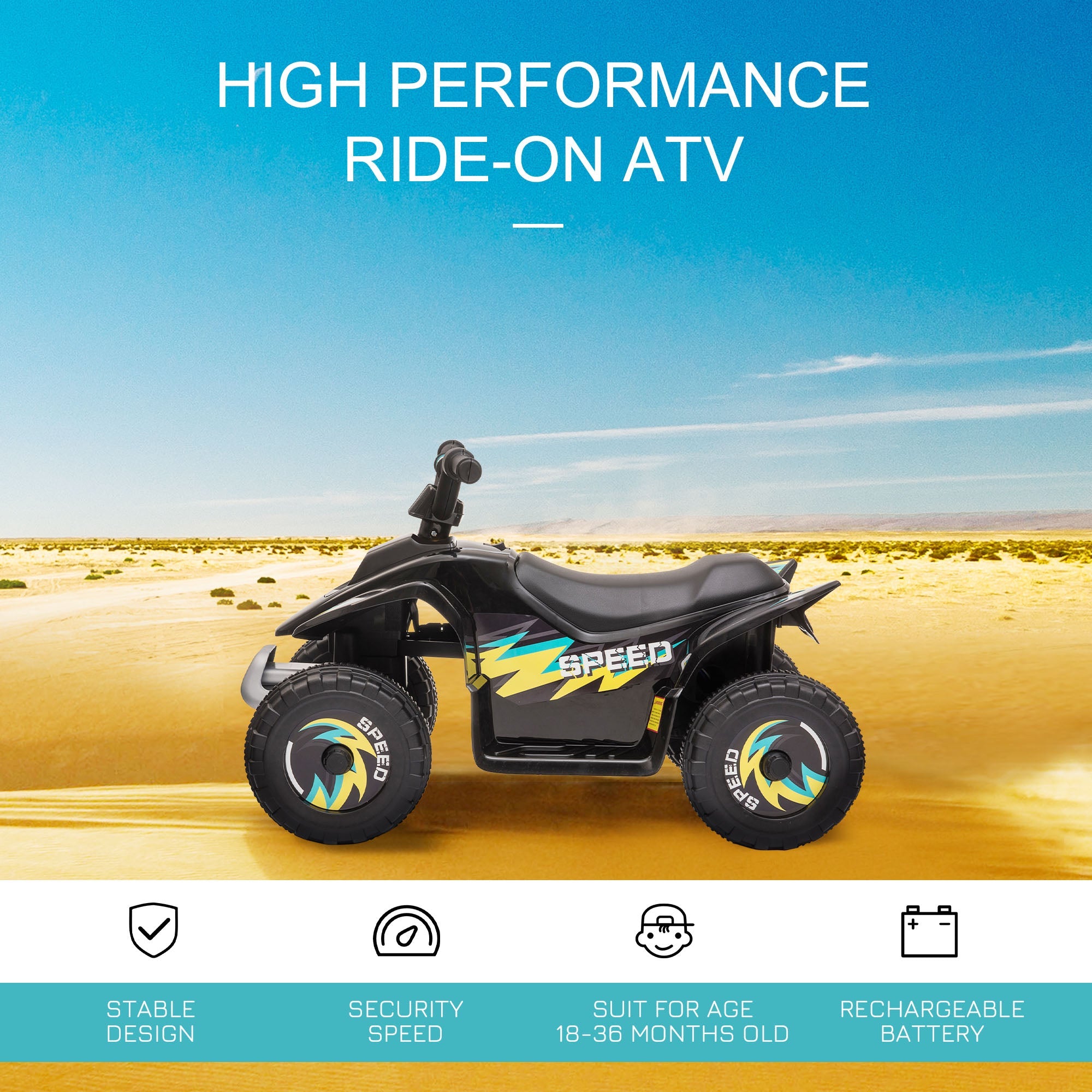 Aosom Kids Ride on ATV, 6V Battery Powered Quad Car with Forward, Reverse Switch, for Boys Girls 18-36 Months, Black 