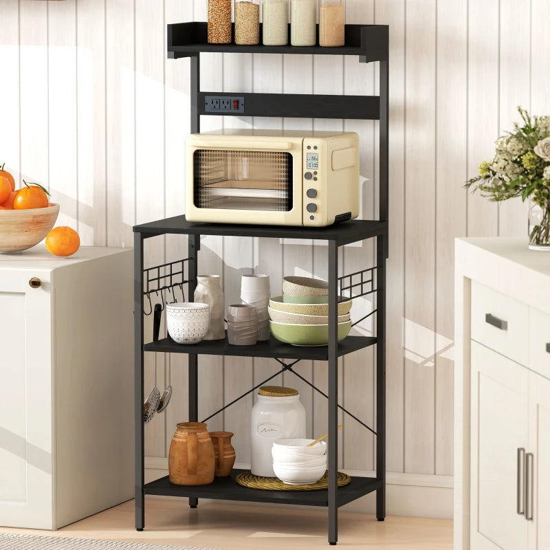 Kitchen Baker's Rack with Power Outlet, Coffee Bar Station with Adjustable Shelves and Hooks, Distressed Black