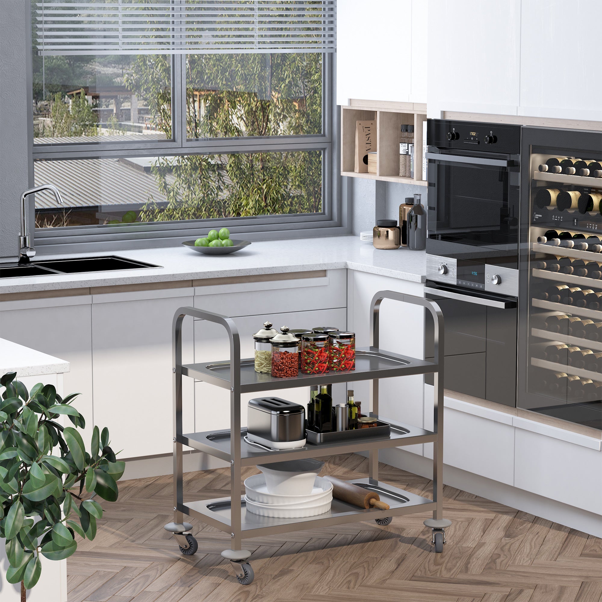 HOMCOM 33" Stainless Steel Utility Cart: 3-Tier Rolling Kitchen Trolley & Medical Lab Equipment Island with Storage 