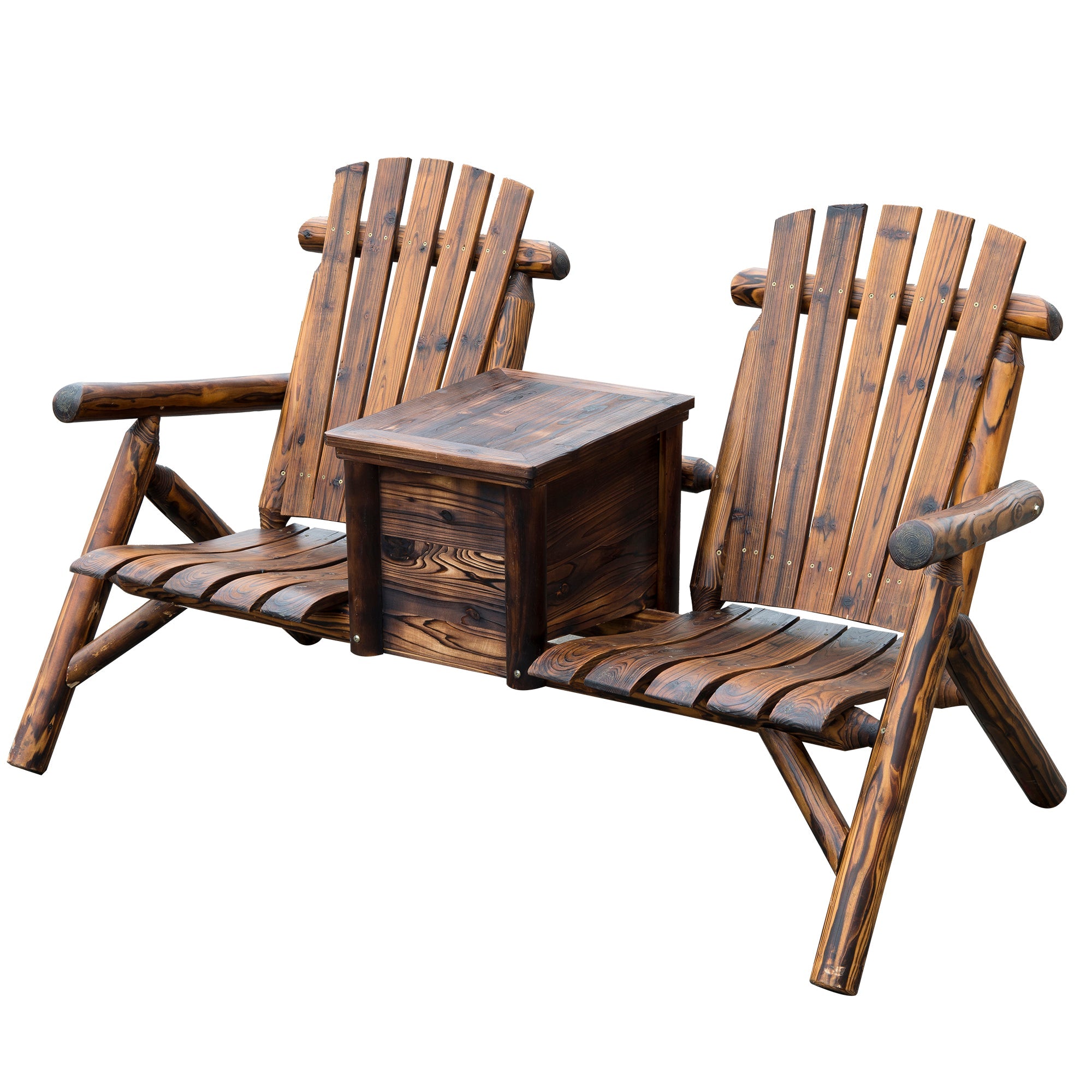 Outsunny 64" Wooden Adirondack Double Garden Bench 2-Seater Loveseat with Ice Bucket Rustic Brown for Patio Yard 