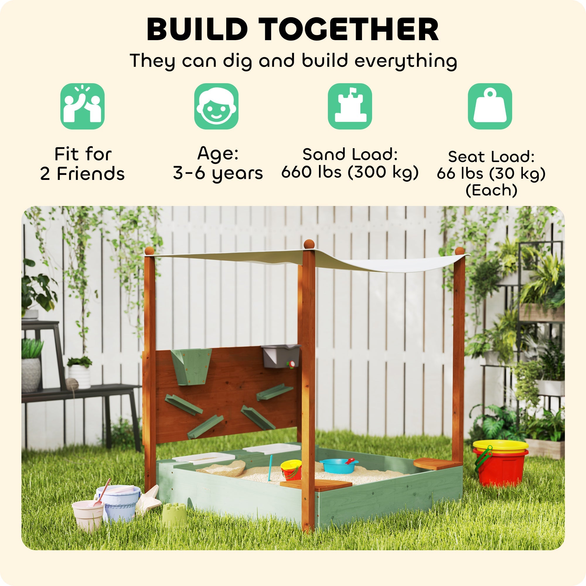 Qaba Wooden Kids Sandbox with Canopy, Sand Wall, Bottom Liner, for 3-6 Years, 46" x 44" W x 50", Green 