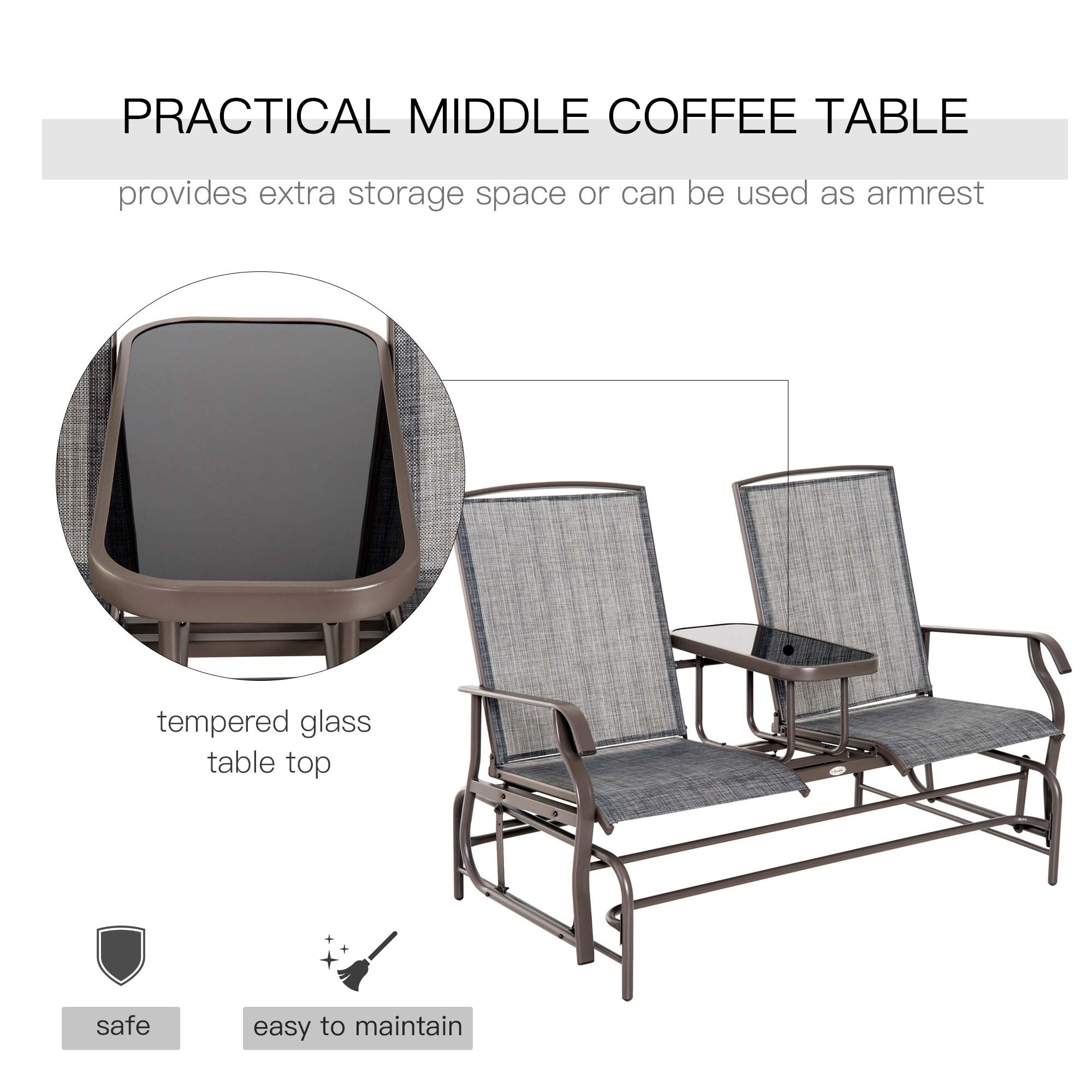 Outsunny 2-Person Patio Glider Bench Outdoor Loveseat Rocker Swing Chair Garden Furniture Grey 