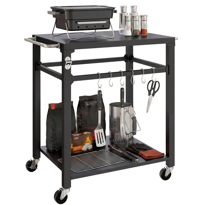 Outdoor Grill Cart, Pizza Oven Stand with Steel Top, 2-Tier Kitchen Prep Station with Hooks, Handle, Wheels, Black