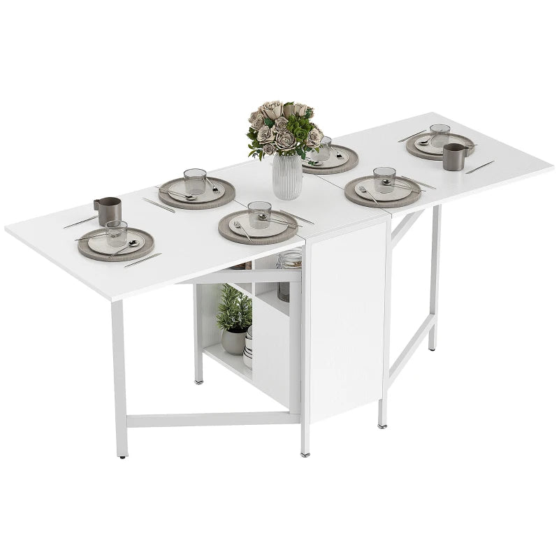 Multi-use Foldable Table with Hideaway Shelves, Drop Leaf Table for Kitchen, Dining, Study and Office, White