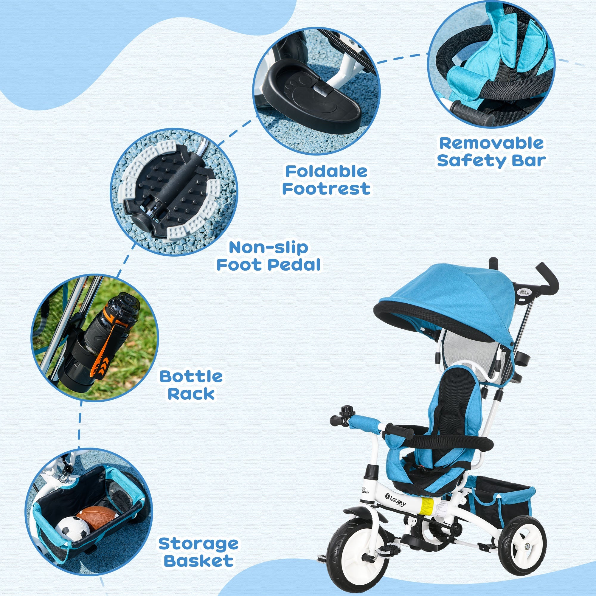 Qaba 6-in-1 Kids Tricycle Stroller with Safety Harness, Canopy, Basket for Ages 1-5, Blue - Perfect Outdoor Toy 