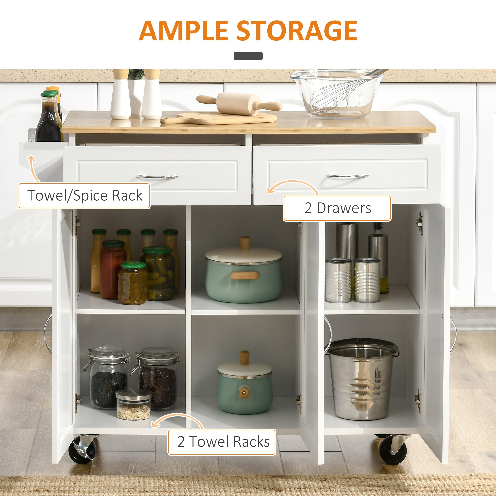 HOMCOM Rolling Kitchen Island: Large Bamboo Top, 2 Cabinets with Drawers & Adjustable Shelves, White 