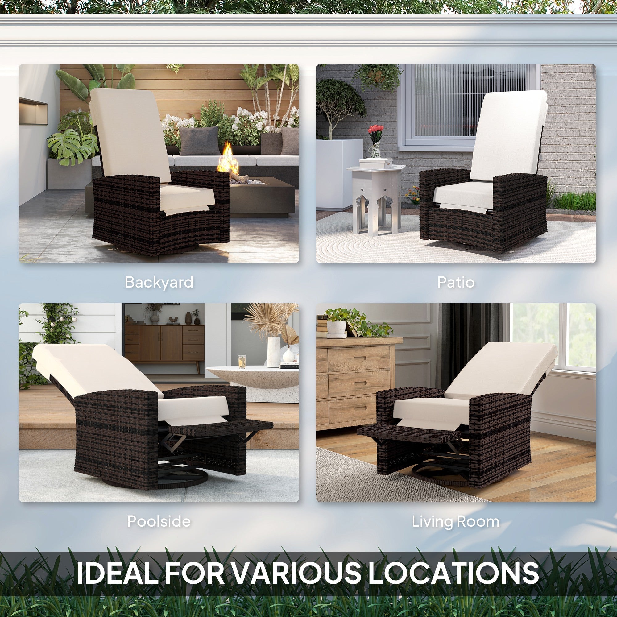 Outsunny Outdoor Rattan Wicker Lounge Chair with Footrest & Soft Cushion for Patio, Garden, Backyard, Khaki 
