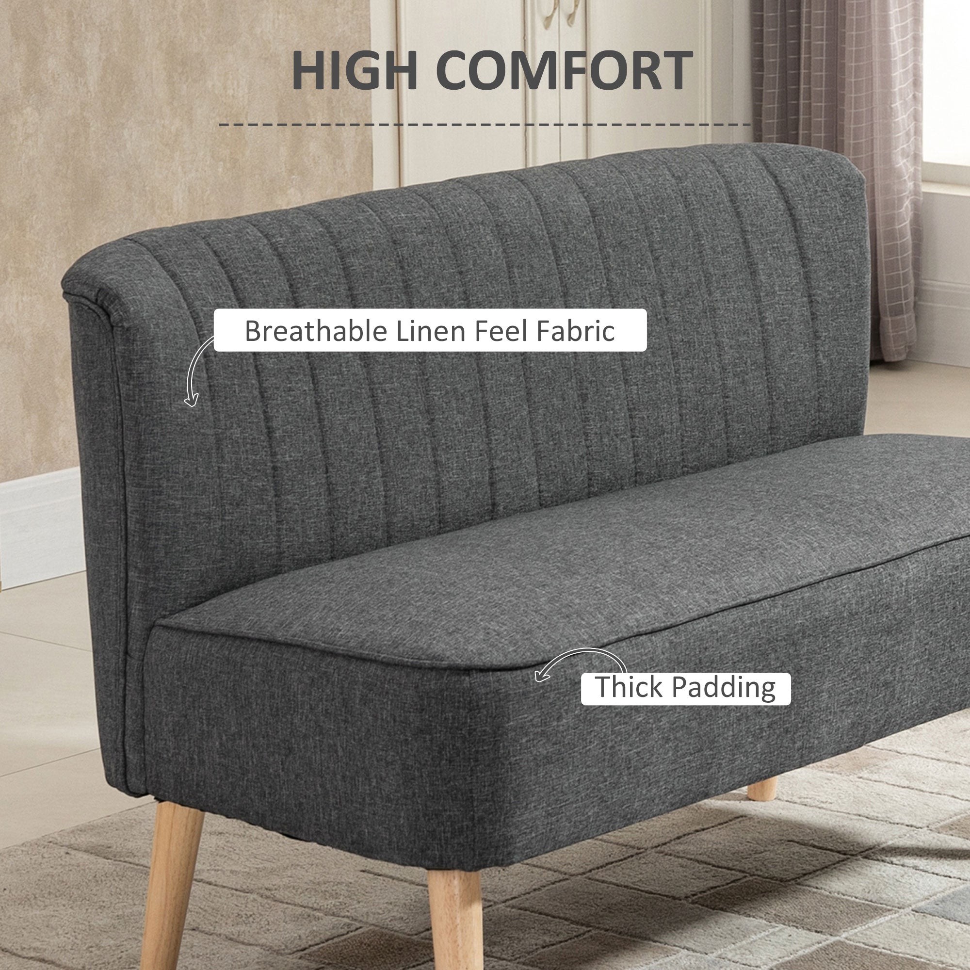 HOMCOM Sofa 2 Seat Modern Upholstered Two Seater Couch Rubber Wood Legs Light Grey Bedroom Furniture 