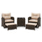 5PCS Outdoor Rattan Conversation Set Wicker Lounge Chairs with 2 Ottoman Stools and Glass Top Side Table-Beige