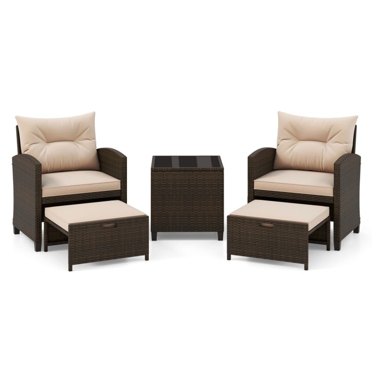 5PCS Outdoor Rattan Conversation Set Wicker Lounge Chairs with 2 Ottoman Stools and Glass Top Side Table-Beige