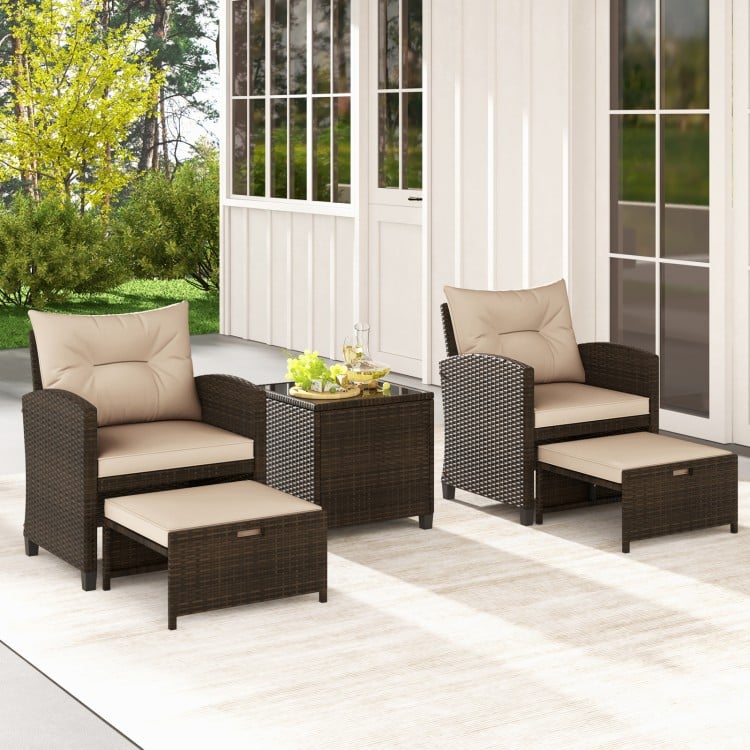 5PCS Outdoor Rattan Conversation Set Wicker Lounge Chairs with 2 Ottoman Stools and Glass Top Side Table-Beige