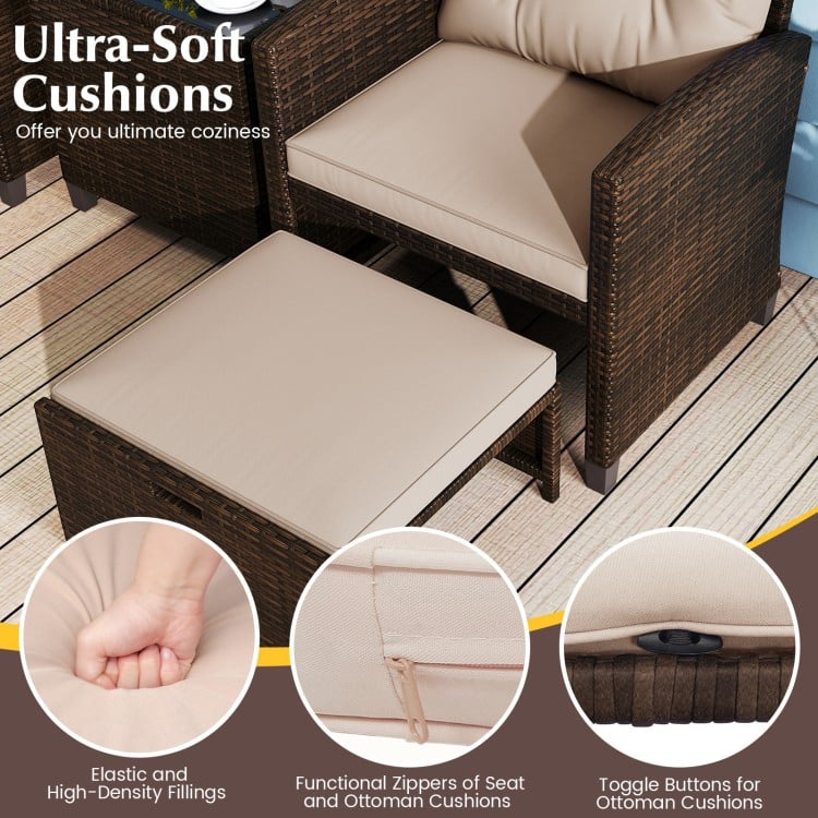 5PCS Outdoor Rattan Conversation Set Wicker Lounge Chairs with 2 Ottoman Stools and Glass Top Side Table-Beige