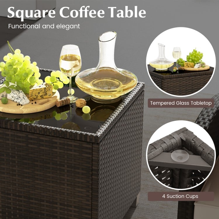 5PCS Outdoor Rattan Conversation Set Wicker Lounge Chairs with 2 Ottoman Stools and Glass Top Side Table-Beige