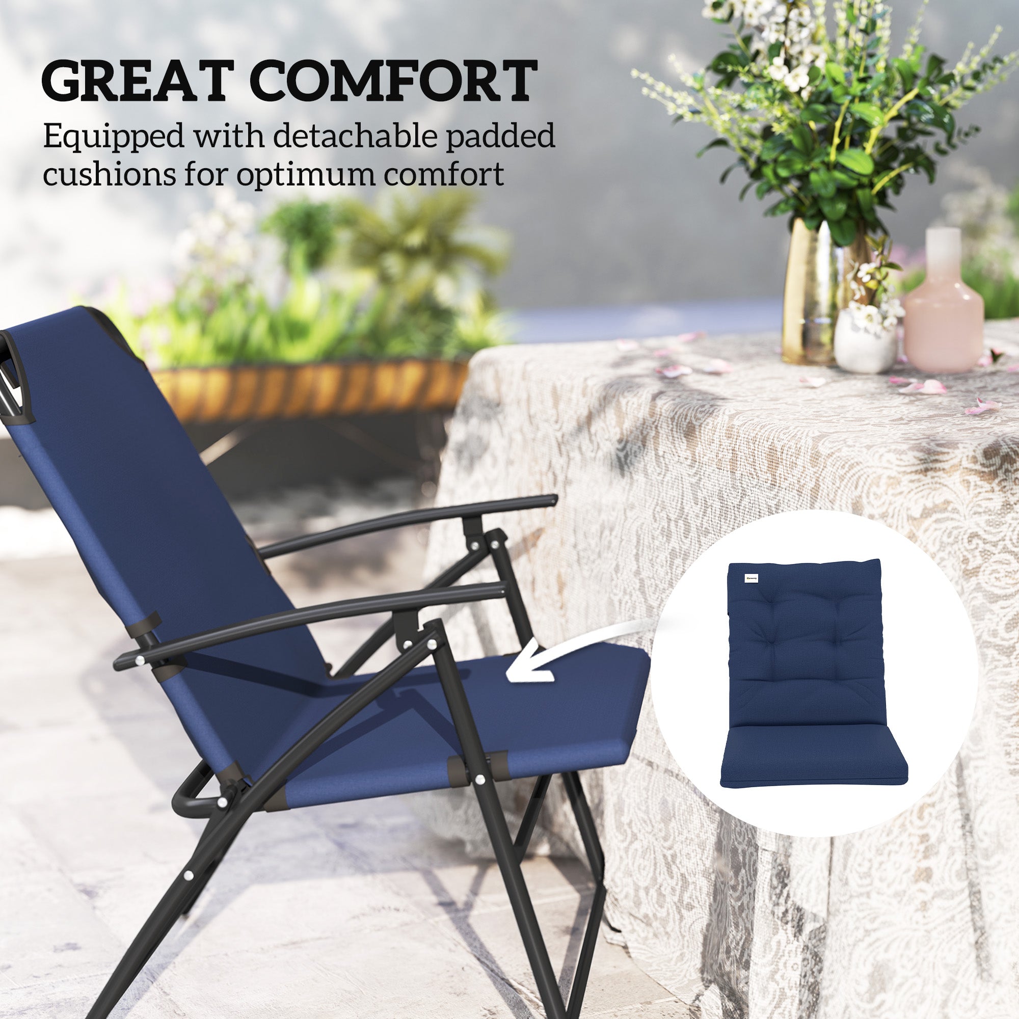Outsunny Set of 2 Outdoor Folding Chairs with Adjustable Backrest, Padded Camping Chairs for Outdoor Events, Blue 