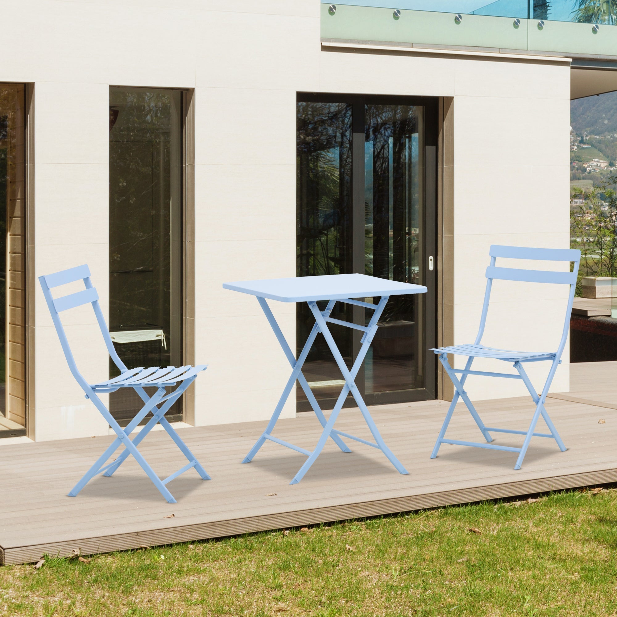 Outsunny 3 Pieces Garden Bistro Coffee Set Foldable Patio Chair & Square Table for Outdoor Yard Porch Poolside Balcony Blue 