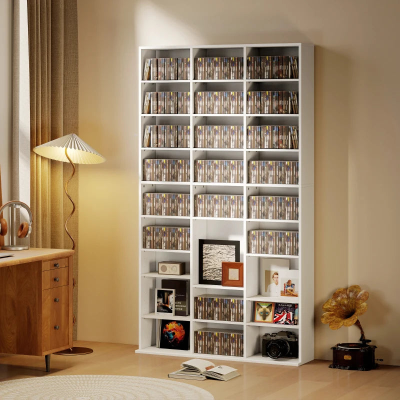 Media Storage Cabinet, 9-Tier DVD Shelf with 21 Adjustable Shelves, Holds 835 CDs, 500 DVDs or 640 Blu-rays, White