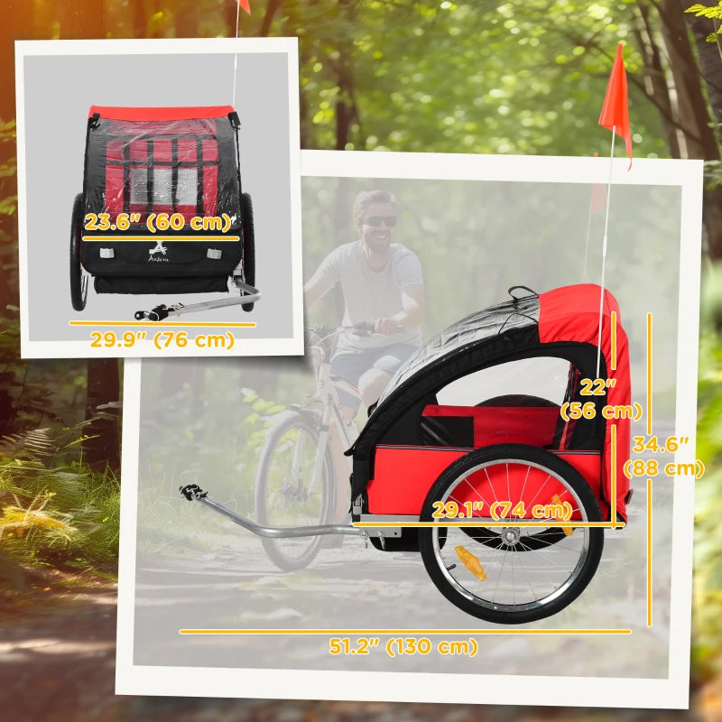Aosom 2-Seat Child Bike Trailer for Kids with a Strong Steel Frame, 5-Point Safety Harnesses, & Comfortable Seat, Red