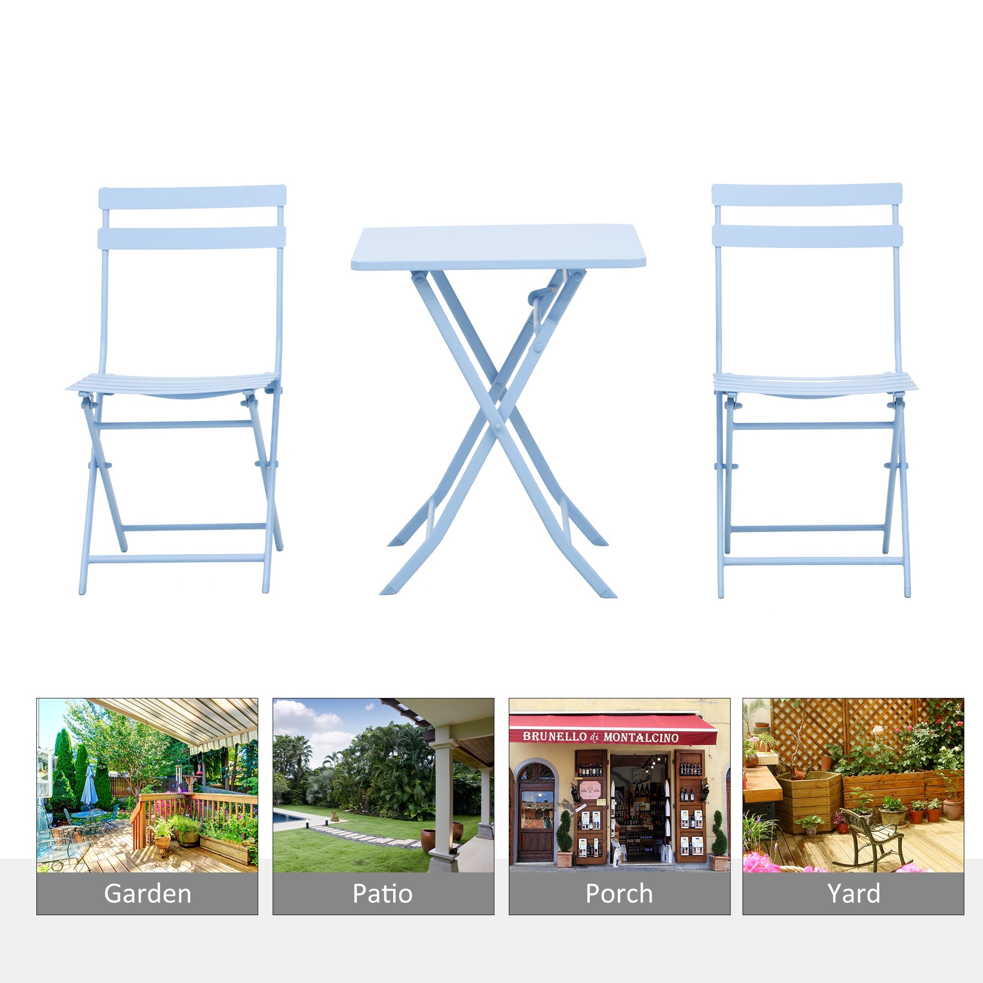 Outsunny 3 Pieces Garden Bistro Coffee Set Foldable Patio Chair & Square Table for Outdoor Yard Porch Poolside Balcony Blue 