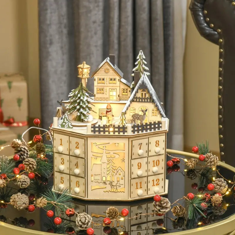 HOMCOM Christmas Advent Calendar, Light Up Table Xmas Wooden Holiday Decoration with Countdown Drawers and Village, for Kids and Adults, Natural