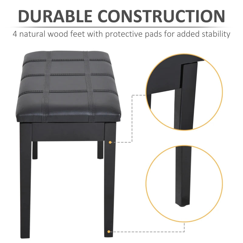 Classic Piano Bench Stool, PU Leather Padded Keyboard Seat with Rubber Wood Legs and Music Storage Compartment, Banded Seat, Black