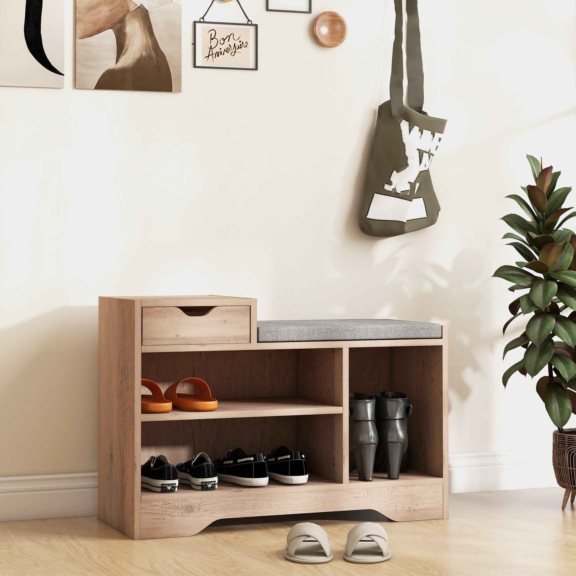 HOMCOM Upholstered Shoe Storage Bench, Hallway Shoe Storage with Seat, Drawer, 3 Open Shelves for Entryway, Grey 