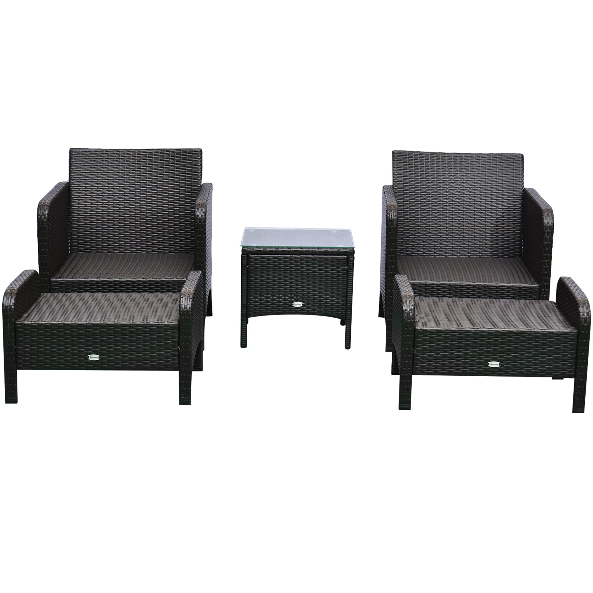 Outsunny 5pc Patio Rattan Coffee Set Garden Wicker Bistro Ottoman Yard Sofa Armchairs Tea Table Brown 