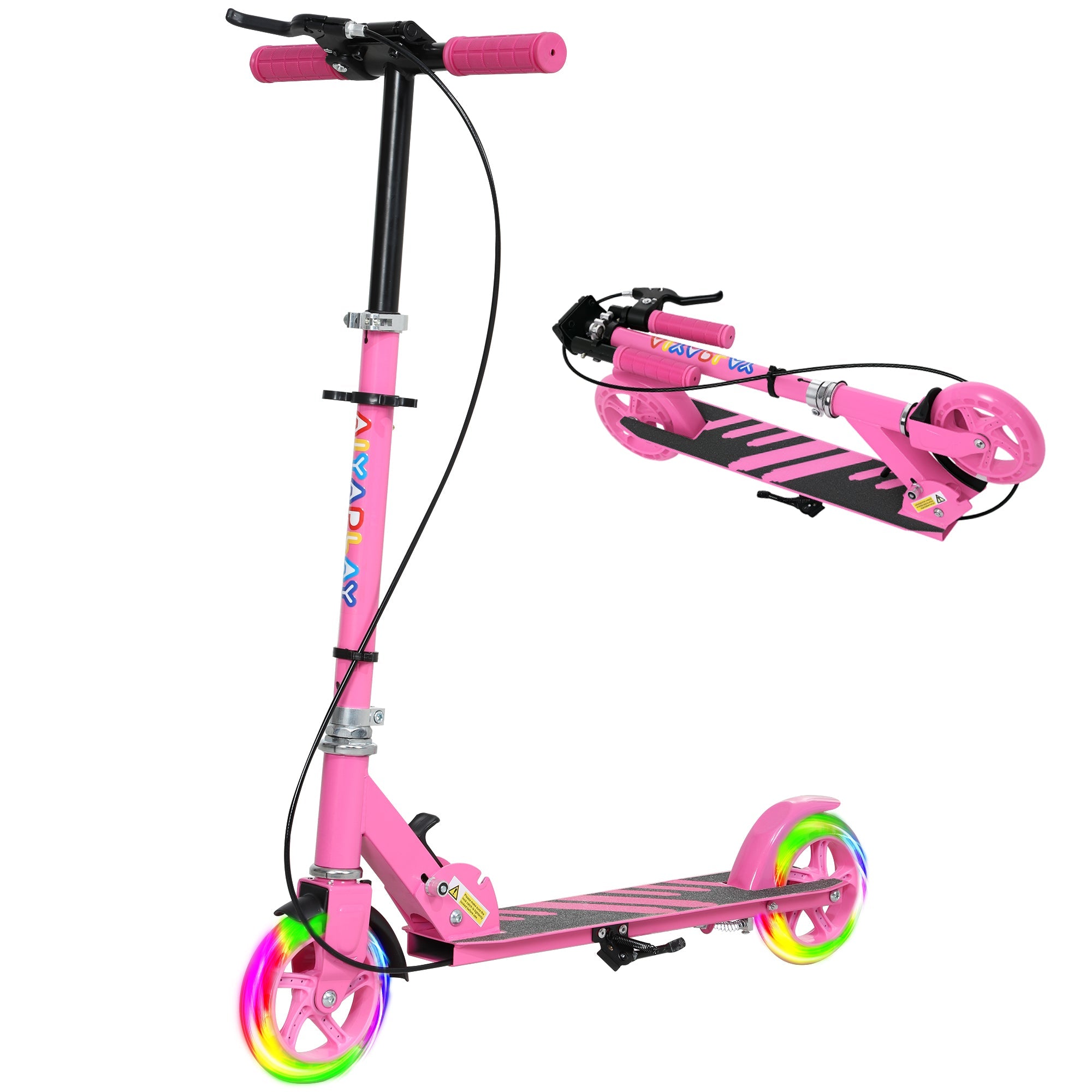 Qaba Scooter for Kids Ages 3-8 with Light Up Wheels, Adjustable Handlebar, Rear Brake & Handbrake for Girls and Boys, Pink 