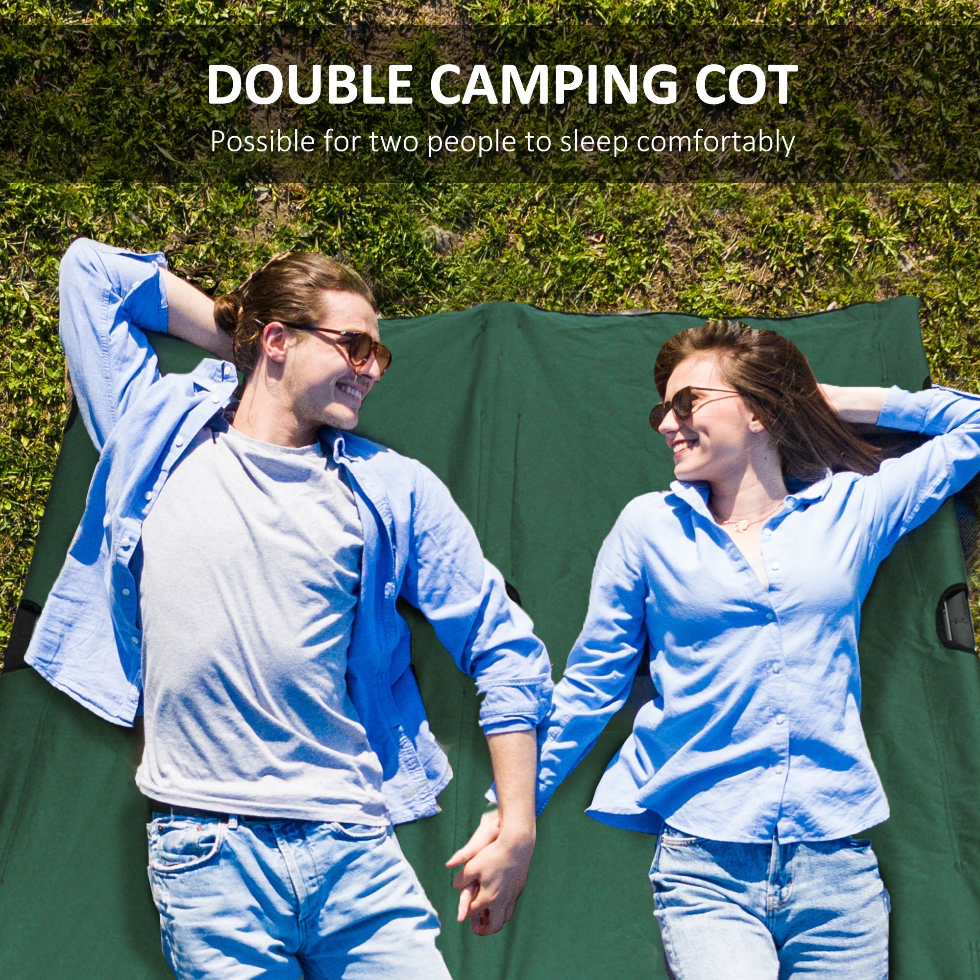 Outsunny 76 Two Person Folding Camping Cot Outdoor Portable Double Cot Wide Military Sleeping Bed w/ Carrying Bag Green 