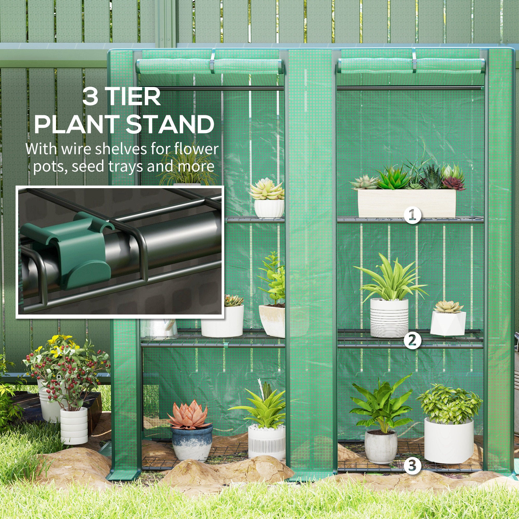 Outsunny Lean-to Greenhouse with 3 Tier Shelves, Mini Greenhouse with 2 Roll-Up Doors for Indoor Outdoor, Green 