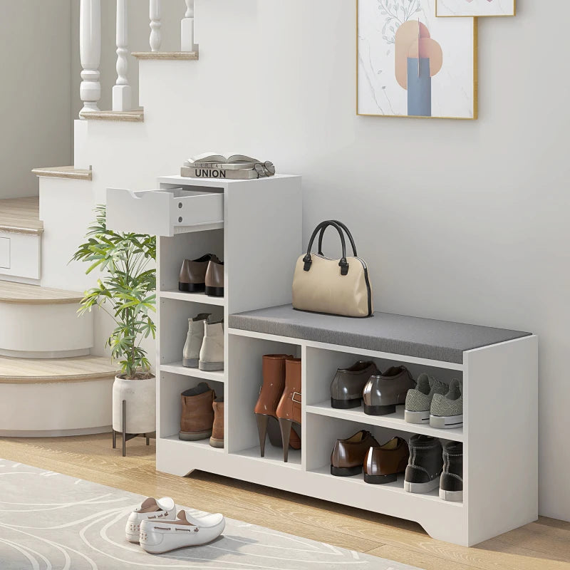 Upholstered Shoe Storage Bench w/ Seat, Entrance Bench w/ Drawer and 6 Open Shelves for Hallway, White