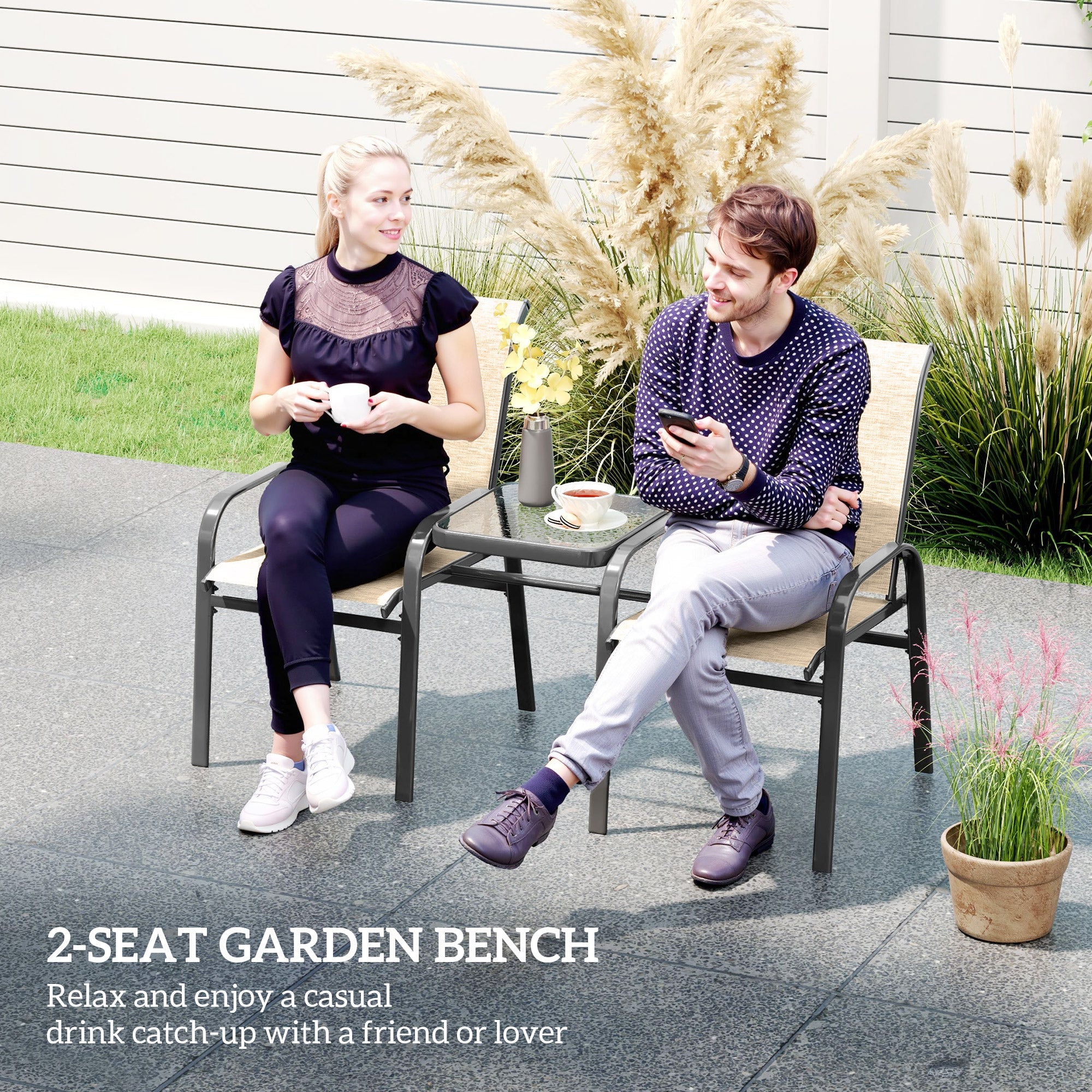 Outsunny Outdoor Loveseat with Glass Table, Garden Patio Bench with Breathable Mesh Seat, High Back, Armrests, Brown 