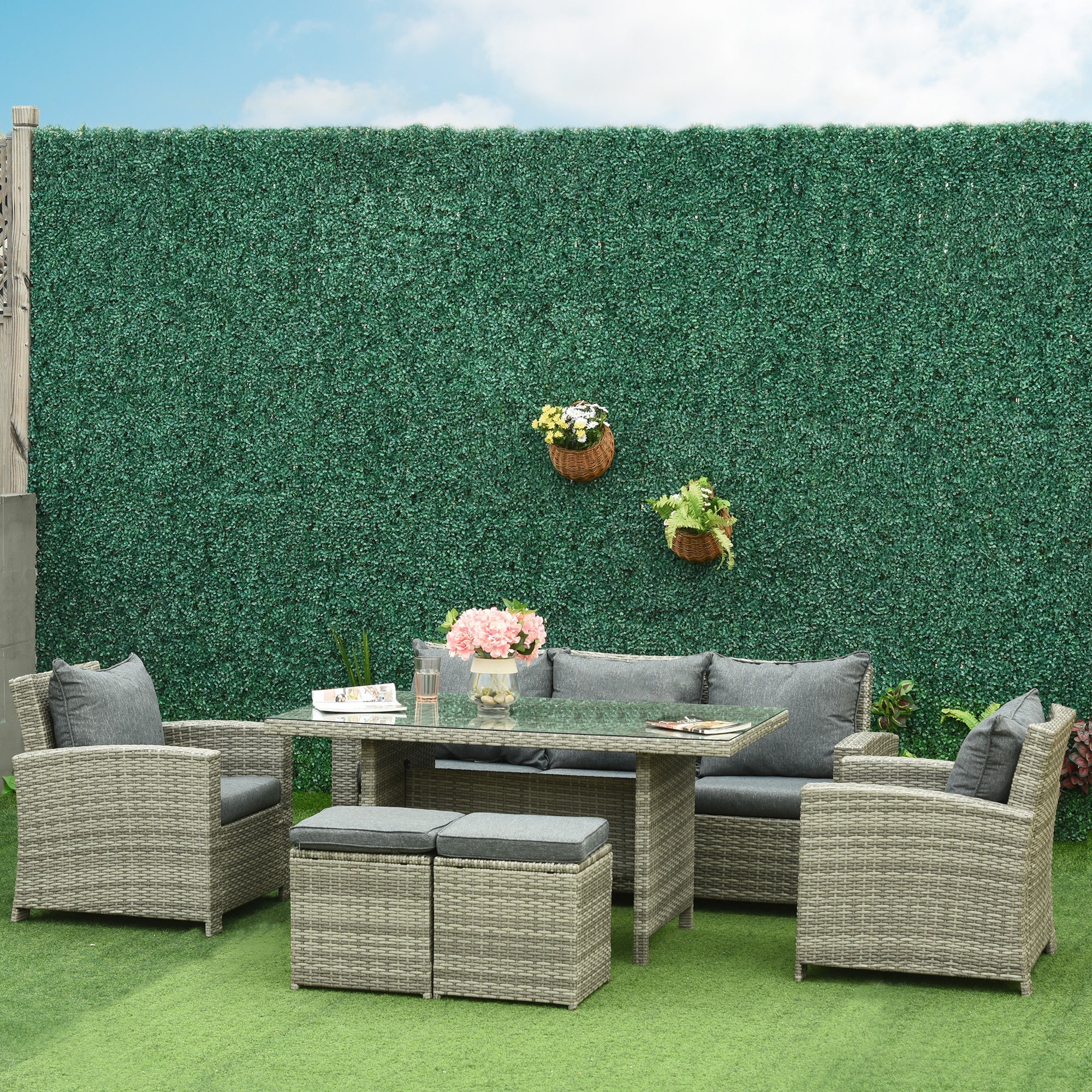 Outsunny 6 Pcs Patio Furniture Set, Rattan Outdoor Furniture Set with 3 Seater Sofa, Armchairs, Footstools and Table, Light Grey 